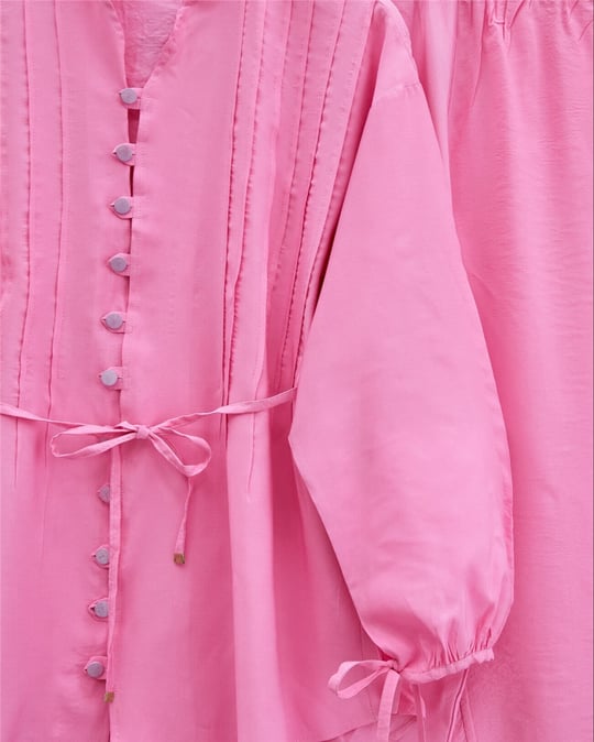 Kolu Bağcıklı Düğmeli V Yaka Tunik Pantolon Takım -Pembe