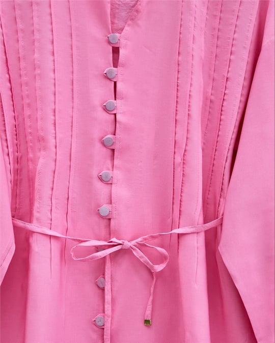 Kolu Bağcıklı Düğmeli V Yaka Tunik Pantolon Takım -Pembe