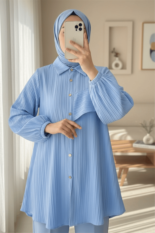 Kolu Fırfır Detaylı  Lastikli Tunik -Bebe Mavi