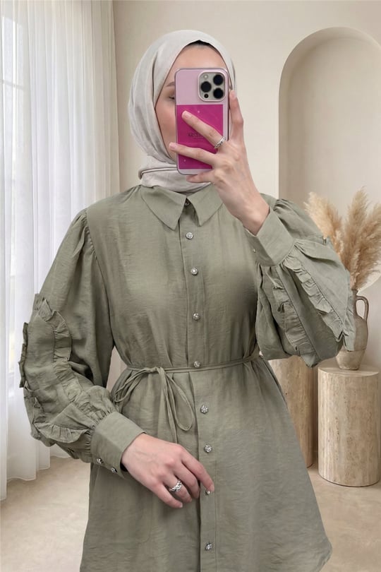Kolu Fırfırlı Taşlı Düğmeli Bağlamalı Gömlek -Haki