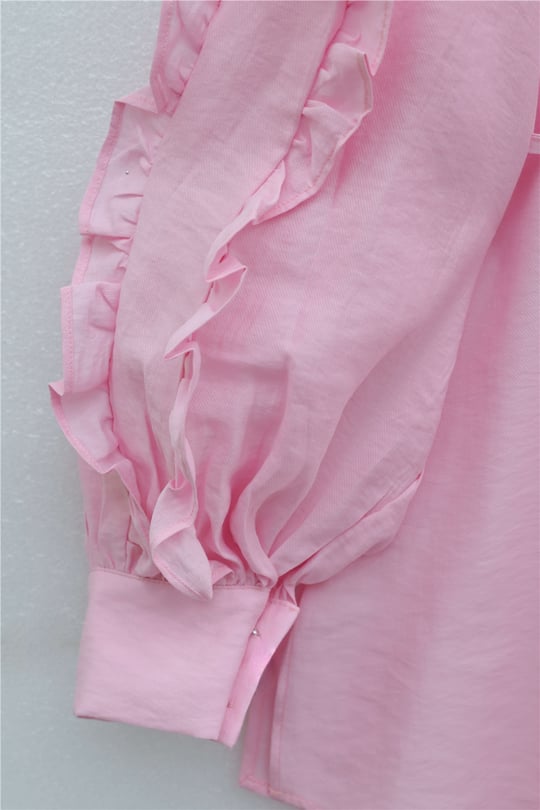 Kolu Fırfırlı Taşlı Düğmeli Bağlamalı Gömlek  -Pembe