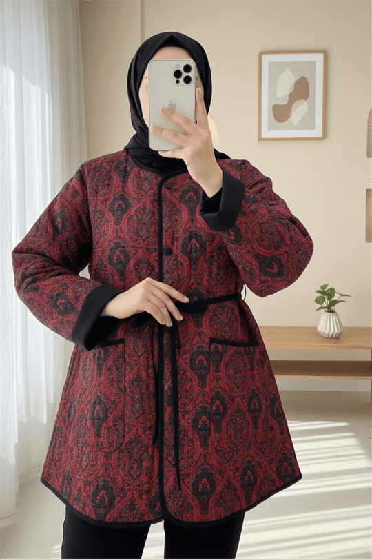 Kolu Katlamalı Beli Bağcıklı Etnik Desen Ceket -Bordo
