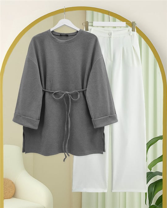 Kolu Katlı Beli Bağlamalı Yırtmaçlı Kaşkorse Tunik -Gri