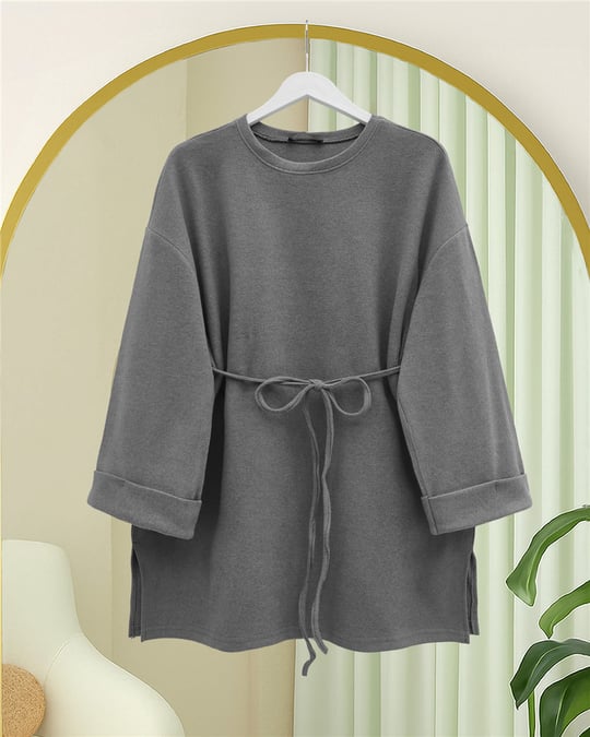 Kolu Katlı Beli Bağlamalı Yırtmaçlı Kaşkorse Tunik -Gri