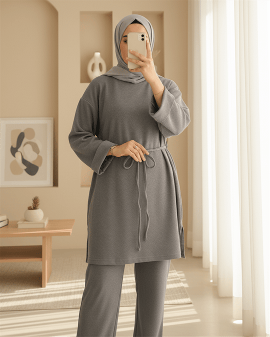 Kolu Katlı Beli Bağlamalı Yırtmaçlı Kaşkorse Tunik -Gri