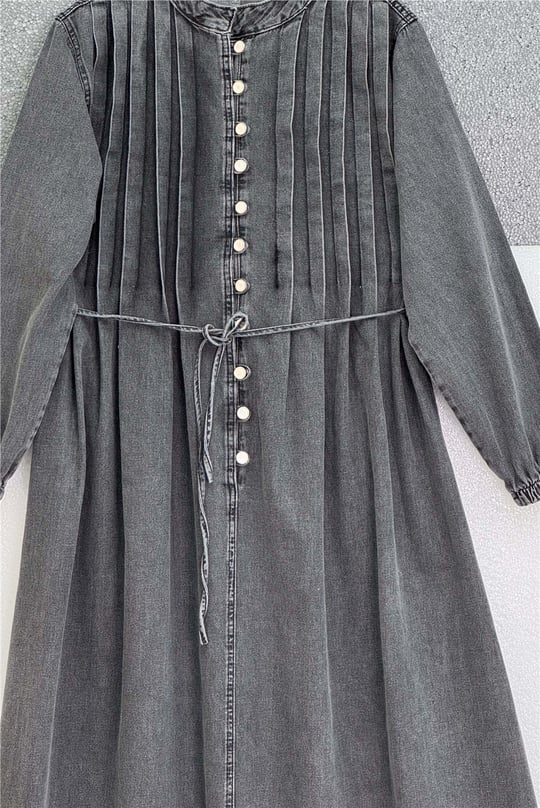 Kolu Lastikli Beli Bağcıklı Yarım Düğmeli Kot Elbise -Füme