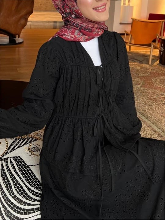 Kolu Lastikli Önü Bağlamalı Astarlı Kimono Takım  -Siyah