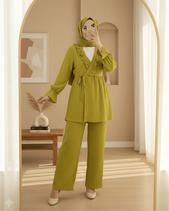 Kolu Lastikli Önü Fırfırlı Bağcıklı Krinkıl Kimono Takım -Yağ Yeşili