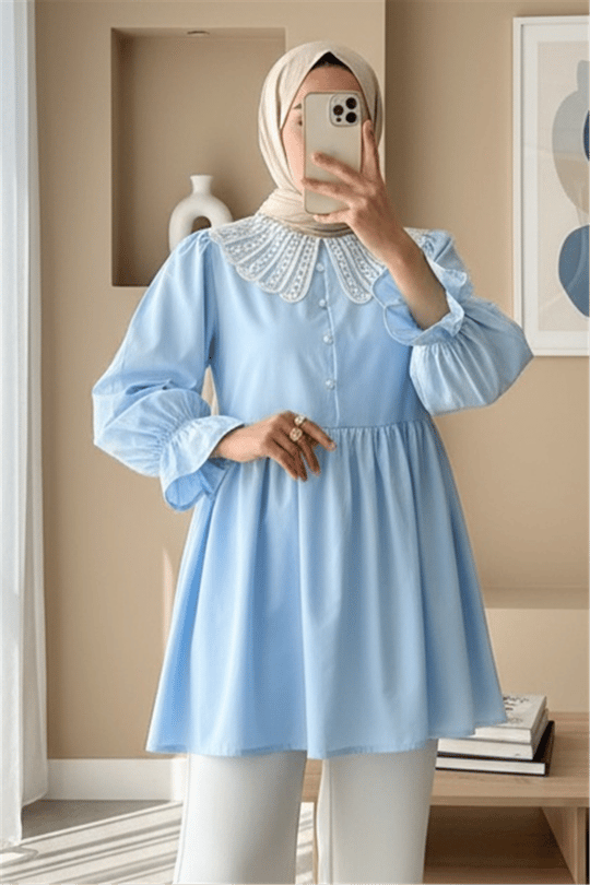 Kolu Lastikli Organze Bebe Yaka Yarım Düğmeli Tunik -Bebe Mavi