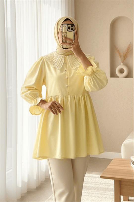 Kolu Lastikli Organze Bebe Yaka Yarım Düğmeli Tunik -Sarı