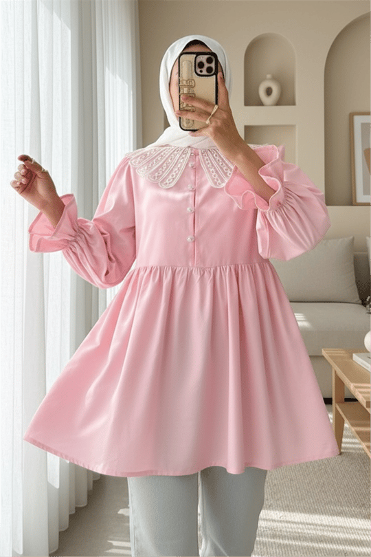 Kolu Lastikli Organze Bebe Yaka Yarım Düğmeli Tunik -Pembe