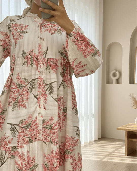 Kolu Lastikli Yarım Düğmeli Desenli Modal Elbise -Nar Çiçeği