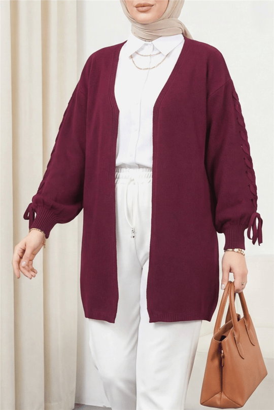 Kolu Saç Örgülü Salaş Triko Hırka -Bordo-Hırka-295-03434-R04