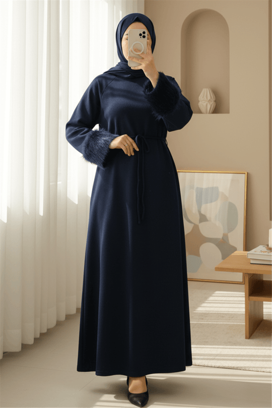 Kolu Tüylu Beli Bağlamalı Uzun Selanik Elbise -Laci