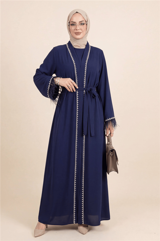 Kolu Tüylü Sıralı Taş Detaylı Kemerli Abaya  -Laci