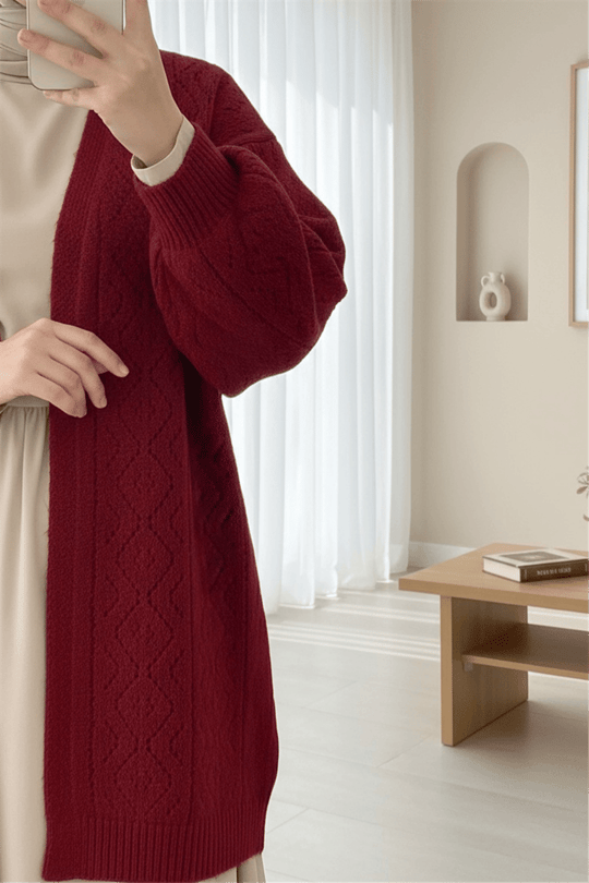 Kolu ve Önü Ajurlu Yumoş Hırka    -Kırmızı-Hırka-109-0202-R33