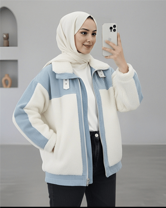 Kot Detaylı Astarlı Cepli Peluş Mont -Beyaz