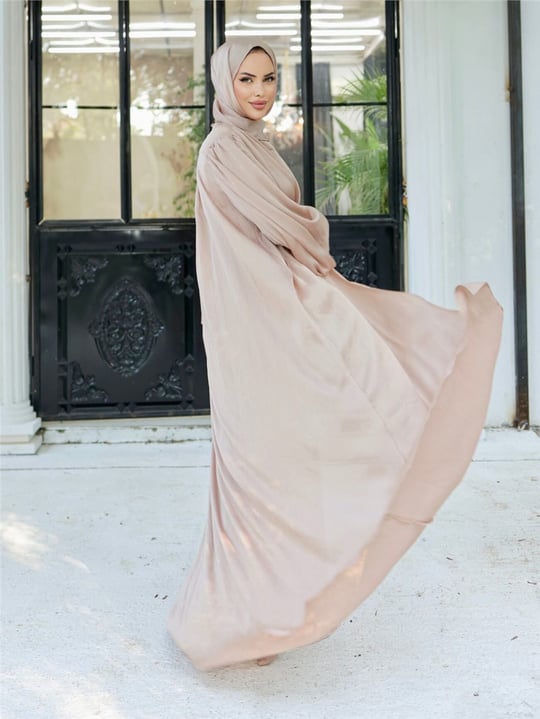 Krinkıl İpek Saten 3lü Abaya Takım -Bej