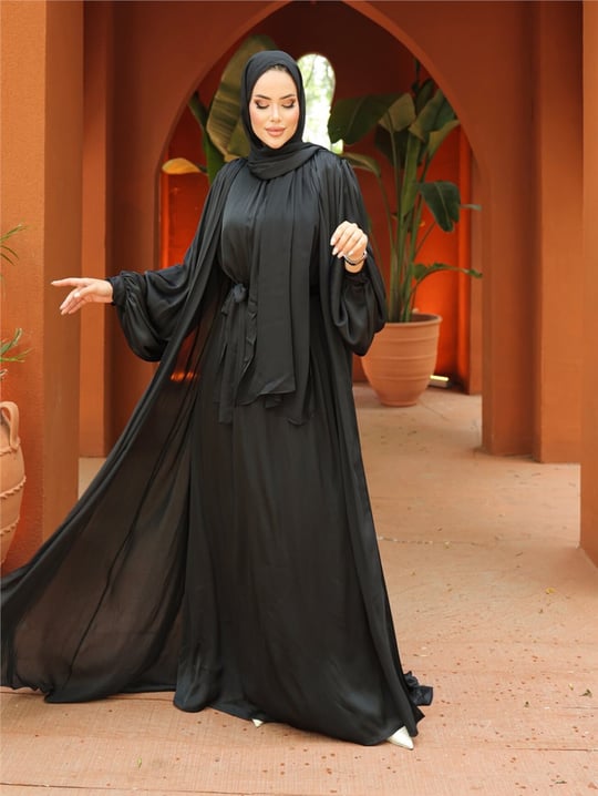Krinkıl İpek Saten 3lü Abaya Takım -Siyah