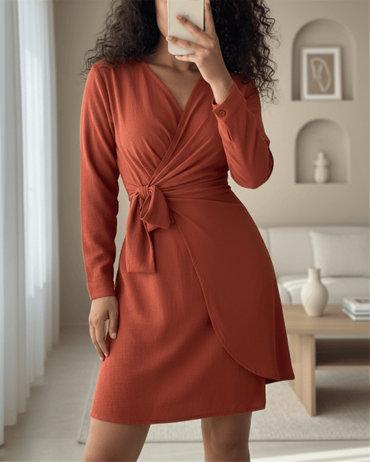 Kruvaze Yaka Bağlamalı Fırfırlı Ayrobin Elbise  -Kiremit
