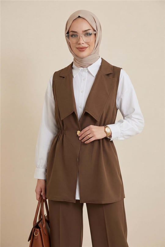 Kruvaze Yaka Beli Lastikli Yelek Pantolon Modal Takım -Kahve