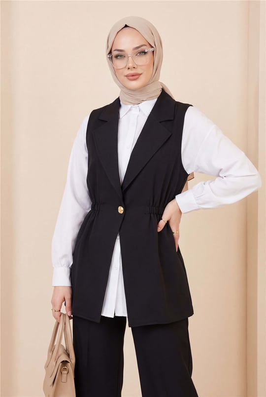 Kruvaze Yaka Beli Lastikli Yelek Pantolon Modal Takım -Siyah