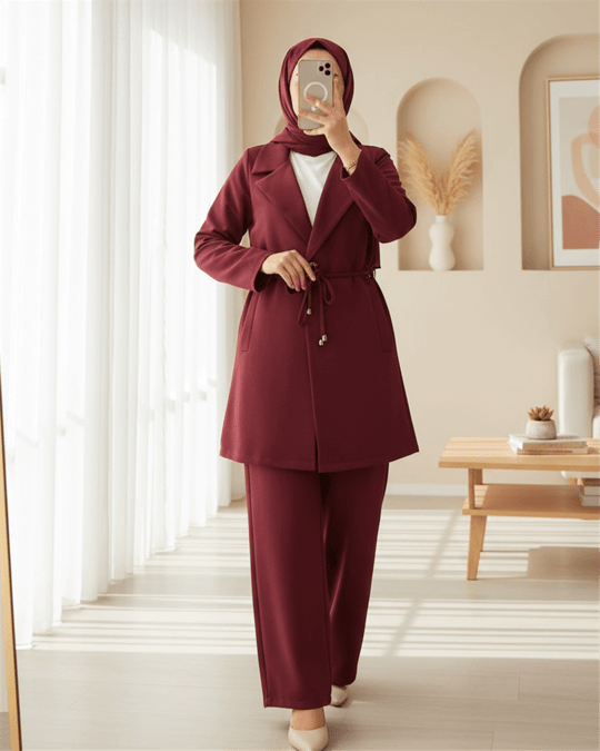 Kruvaze Yaka Çift Bağcıklı Ceket Pantolon Takım -Bordo