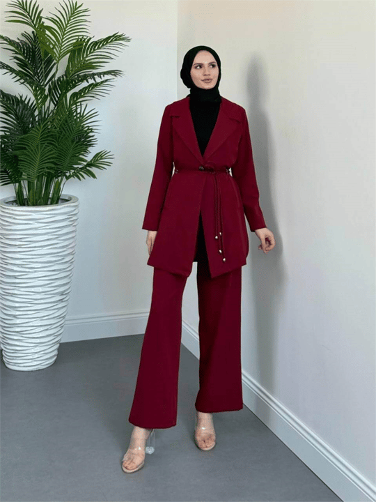 Kruvaze Yaka Çift Bağcıklı Ceket Pantolon Takım -Bordo