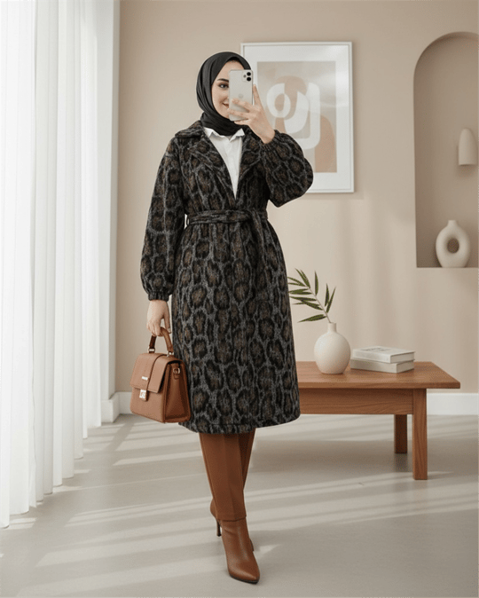 Kruvaze Yaka Kemerli Cepli Leopar Desen Kaşe Kap -Leopar