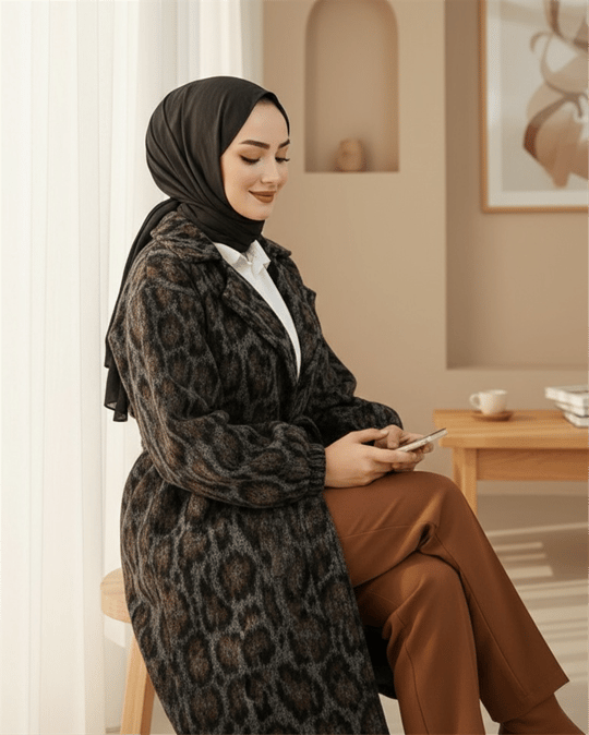 Kruvaze Yaka Kemerli Cepli Leopar Desen Kaşe Kap -Leopar