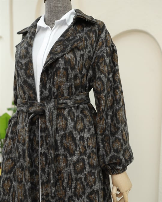 Kruvaze Yaka Kemerli Cepli Leopar Desen Kaşe Kap -Leopar