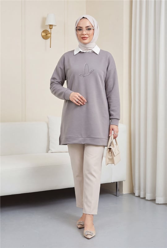 Kuş Desenli Taşlı Osyho Tunik  -Açık Gri