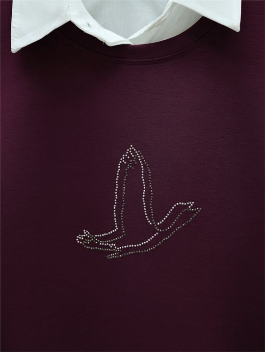 Kuş Desenli Taşlı Oysho Tunik  -Bordo