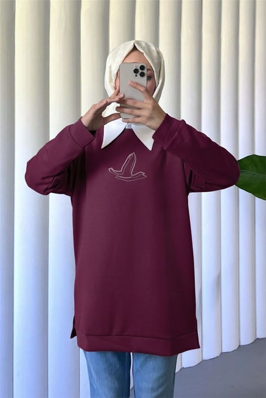 Kuş Desenli Taşlı Oysho Tunik  -Bordo
