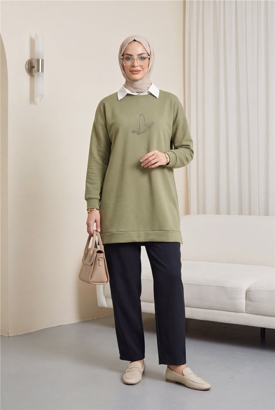 Kuş Desenli Taşlı Oysho Tunik  -Haki