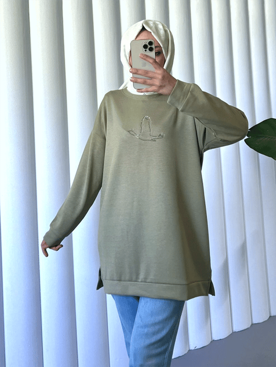 Kuş Desenli Taşlı Oysho Tunik  -Haki