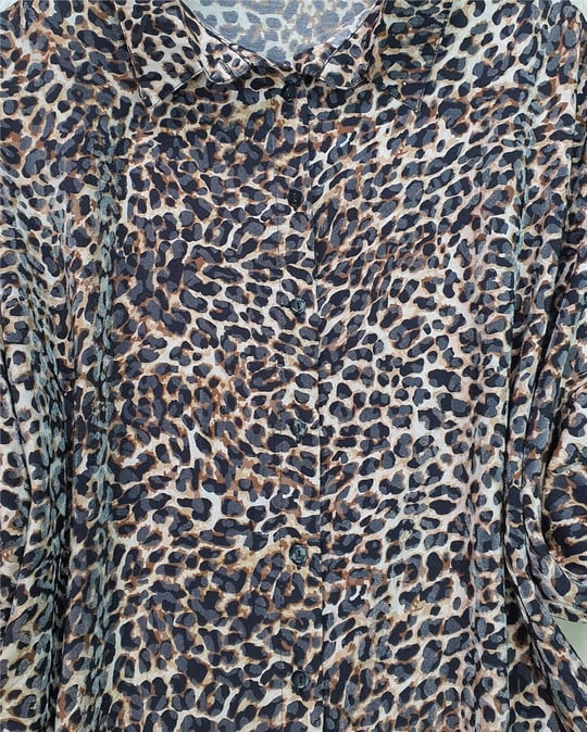 Leopar Desen Düğmeli Oval Kesim Gömlek -Leopar