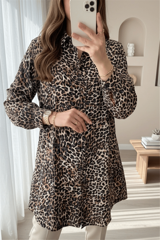 Leopar Desen Düğmeli Oval Kesim Gömlek -Leopar