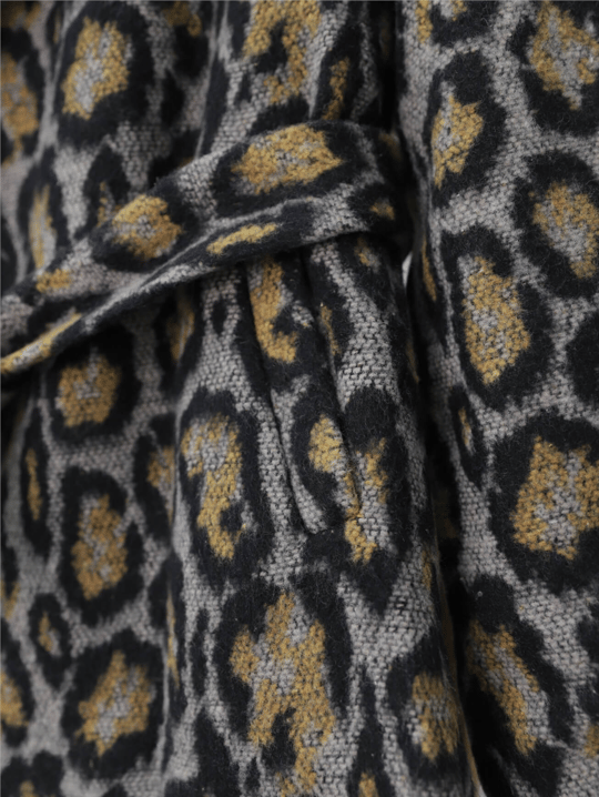 Leopar Desenli Astarlı Beli Bağlamalı Kaşe Ceket  -Gri