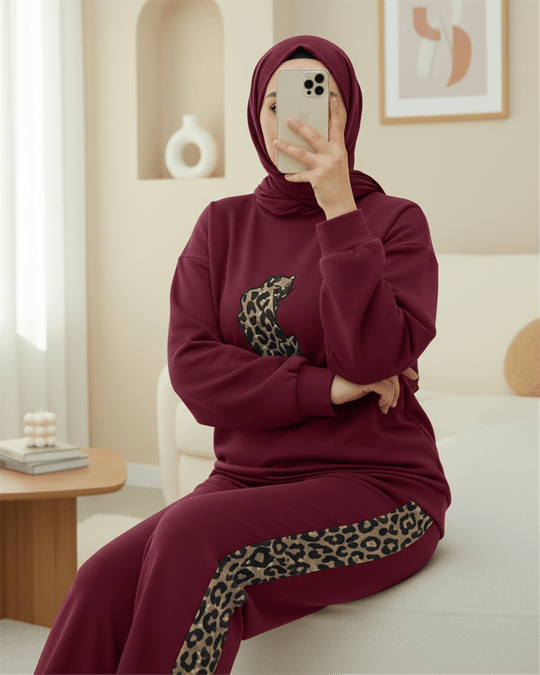 Leopar Figürlü Ve Desenli Pantolonlu Scuba Takım  -Bordo