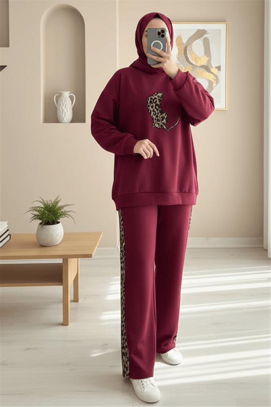 Leopar Figürlü Ve Desenli Pantolonlu Scuba Takım  -Bordo
