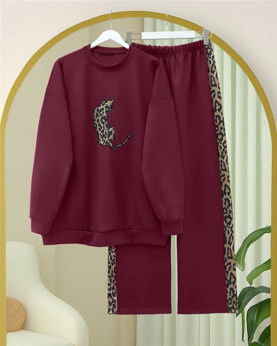 Leopar Figürlü Ve Desenli Pantolonlu Scuba Takım  -Bordo