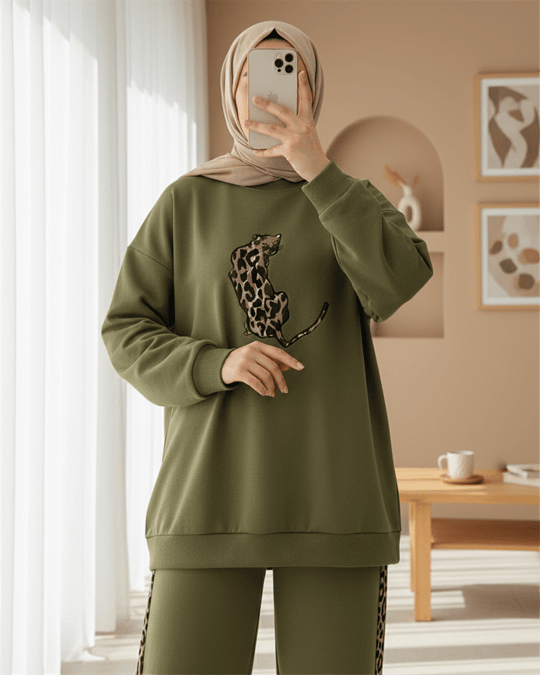Leopar Figürlü Ve Desenli Pantolonlu Scuba Takım  -Zeytin