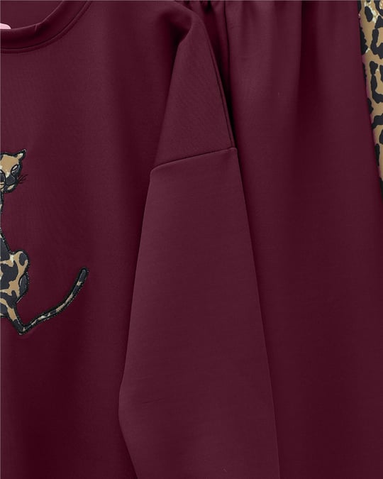 Leopar Figürlü Ve Desenli Pantolonlu Scuba Takım  -Bordo