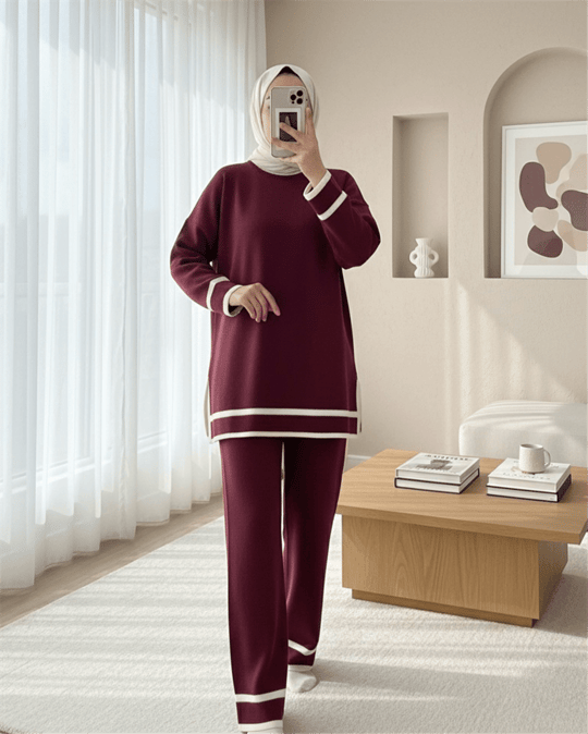 Manşetleri Şeritli İkili Triko Takım   -Bordo