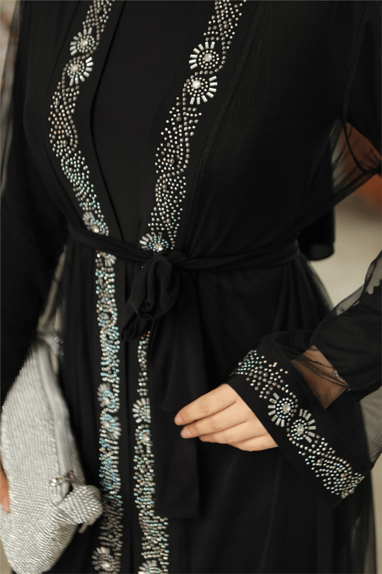 Manşetleri Taş İşlemeli Kemerli İkili Abaya Takım -Siyah