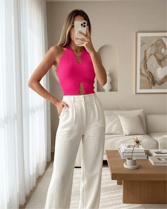 Metal Detaylı Sıfır Kol Fitilli Triko Crop Atlet -Fuşya