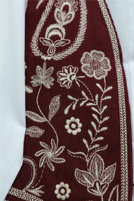 Nakışlı Fitilli Kadife Yelek -Bordo