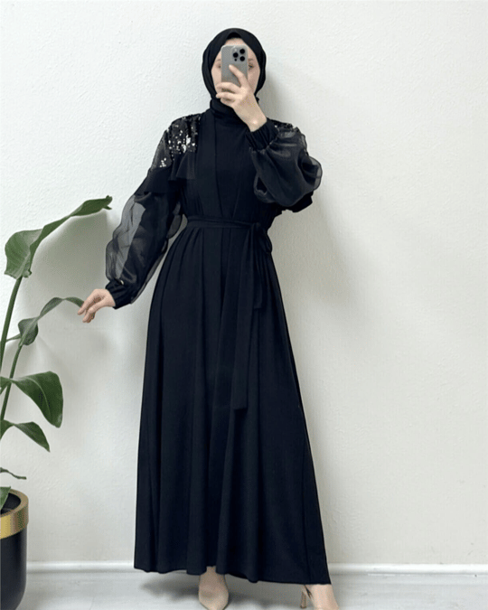 Omuzları Pul Payet Kolu Tül İkili Abaya -Siyah