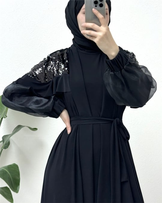 Omuzları Pul Payet Kolu Tül İkili Abaya -Siyah